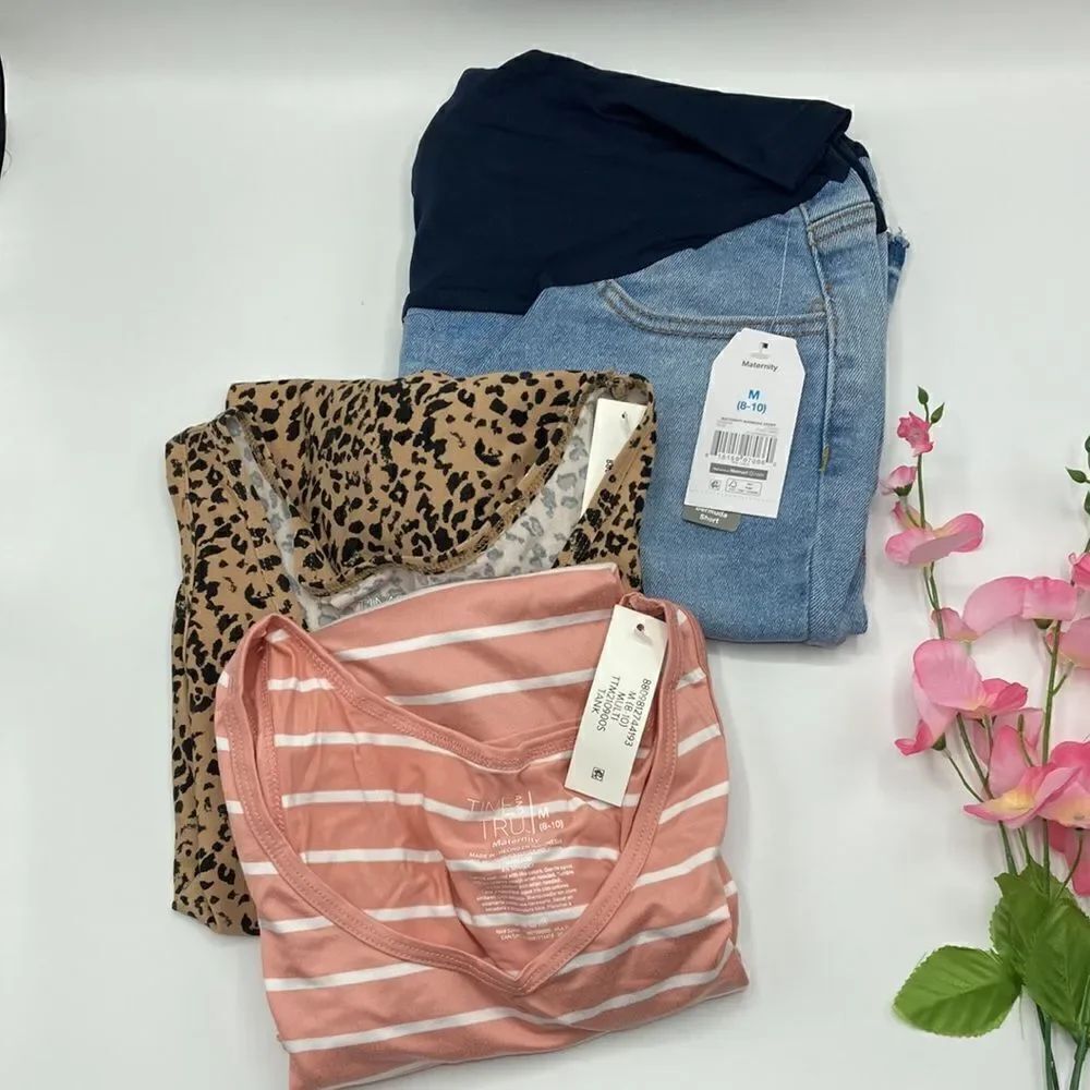 Women's Maternity Denim Bermuda Shorts & 2 Ultra Soft Tank Tops Size M